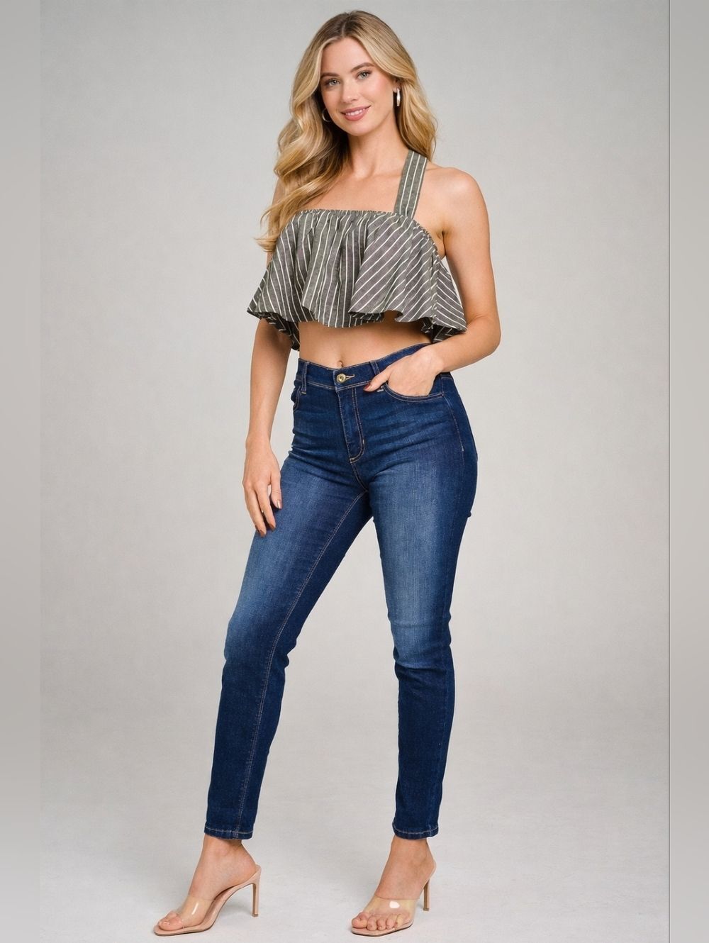 Striped Linen Blend Ruffle Crop Top - Picture 2 of 6